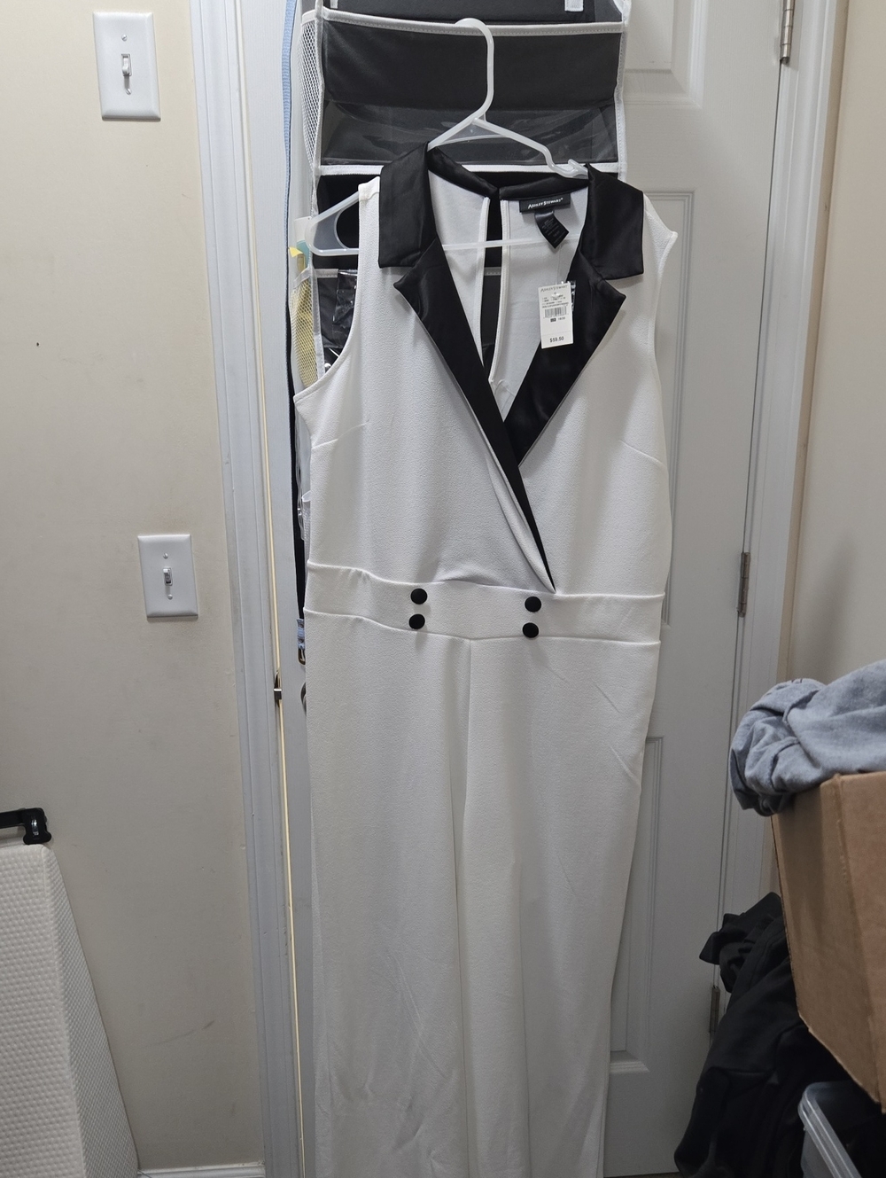 Ashley Stewart Ivory and Black Jumpsuit with Satin Lapel